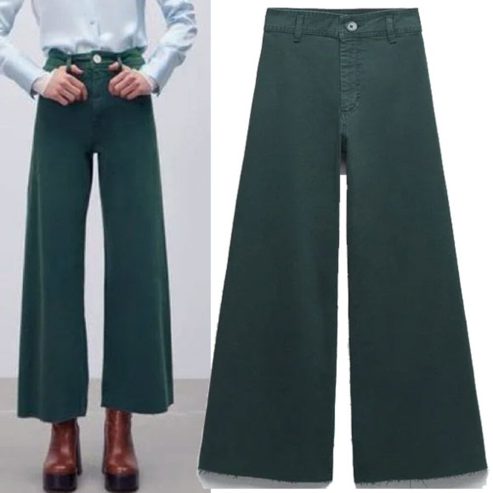 NWT Zara The Marine Straight Jeans 4 27x28 High Rise Wide Leg Raw Hem Teal Green